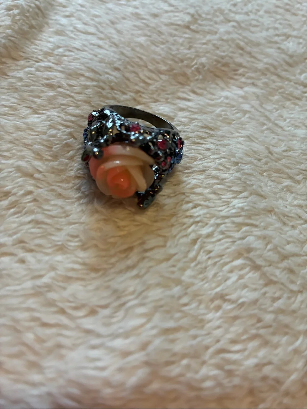 Pink Resin Rose Cocktail Ring with Crystal Accents